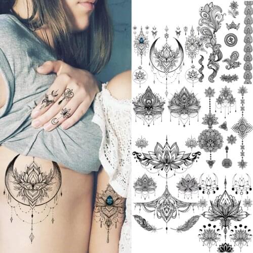 Realistic Moon Lotus Flower Arm Temporary Tattoos For Women Girl Mandala Henna Fake Tattoo Realistic Body Art Tatoo Paper Thigh