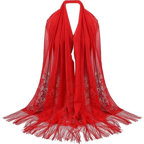Thin Shawls Silk Satin For Ladies Muslim Islamic Tassel Lace Hollow Long Hijab Scarf Shawl Wrap Stole Women Elegant Luxury