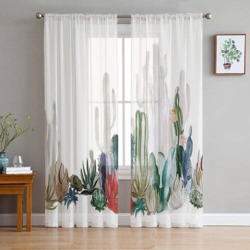 Ink Painting Nordic Cactus Tulle Curtains for Living Room Bedroom Decor Chiffon Sheer Voile Kitchen Window Curtain
