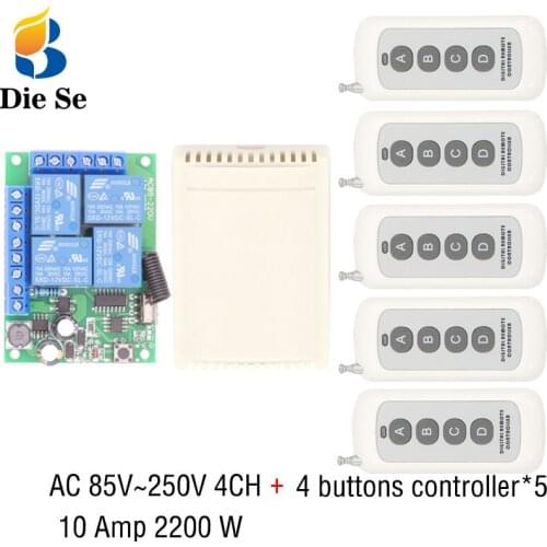 433MHz Universal Remote Control 110V 220V 250V 2200W 4CH Relay Receiver Module 4 Button Remote Control Garage door light Switch