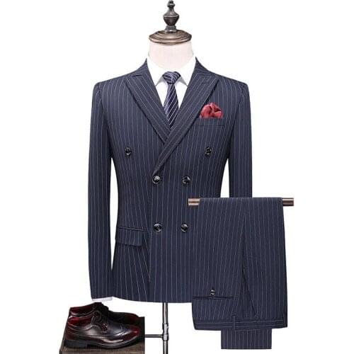 Navy Striped Wedding Suit Men Slim Fit Mens Double Breasted Suits Elegant Prom Party Groom Wear (Jacket+Pants+Vest) S-6XL