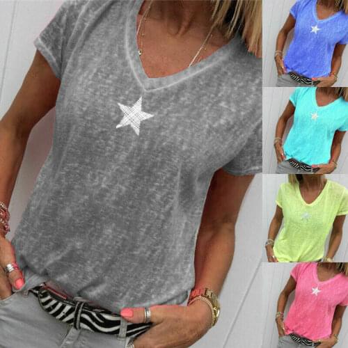 Women V Neck T-Shirt Top Ladies Short Sleeve Star Print Blouse Look Thins Shirt