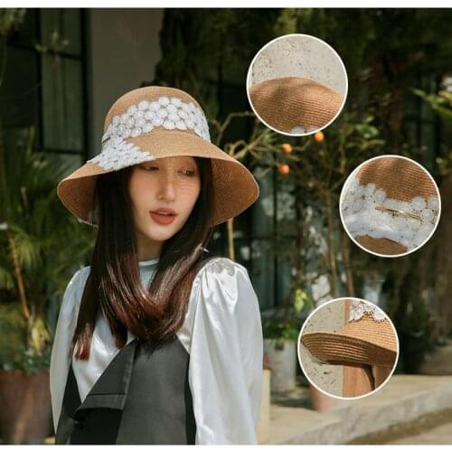 2021 New Womens bucket hat panama 2021 sun hat むぎ straw hat ladies Womens summer hat Lace bow decoration Breathable straw hats