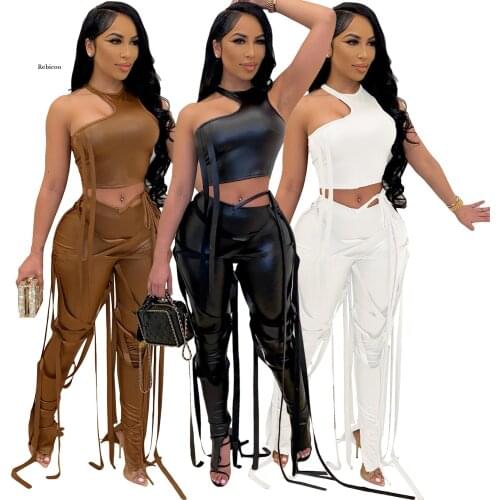 Women Pu Two Piece Set Sexy Ribbons Cut Out Slim Crop Top+Chic Tight Pant High Streetwear Casual Night Club Outfits