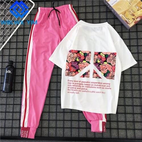 Summer Women Fashion Print Two piece set Loose Plus Size Short Sleeve Shirts And High waist Trousers 2 Piece Set High quality