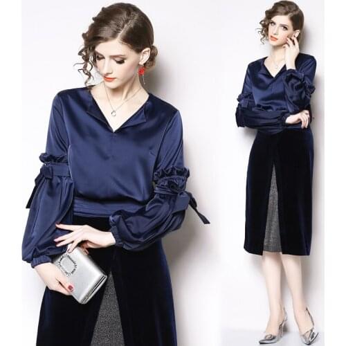 Womens 2019 Spring New V-neck Lantern Sleeves Tie Shirt and Skirt two pieces Slim Split Velvet Fashion Office Work Suit
