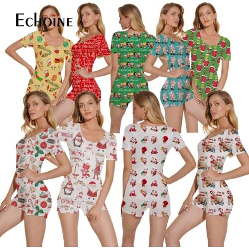 Echoine Women Sexy adult Onesies Jumpsuit Sleepwear Floral Christmas Shorts Sleeve V Neck Bodycon Bodysuit Rompers Overalls