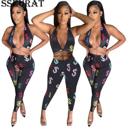 SSEURAT Women Set Print Sleeveless Bandage Hollow Out Crop Tops Stretchy Pants Two Piece Set Sexy Tracksuit Summer Outfit