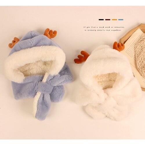 Winter Baby Girls Cartoon Antlers Hat with Scarf Korean Winter Baby Plush Ear Protect Cap and Bib Thick Warm Scarf Hat Sets