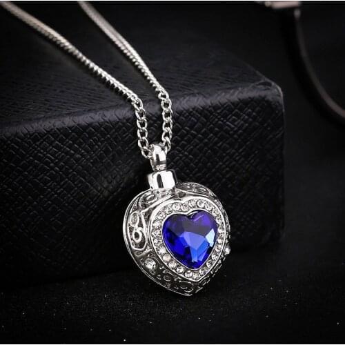 1pcs Beautiful Urn Cremation Heart Blue Crystal Pendant Ash Holder Memorial Necklace Jewelry