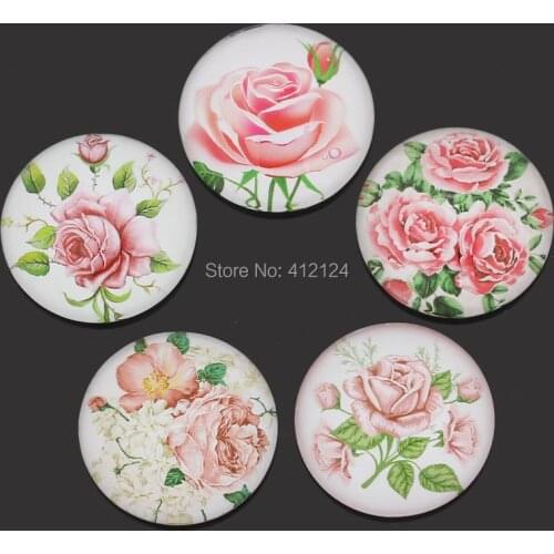 10Pcs Mixed Pink Rose Flowers Pattern Round Flatback Glass Cabochons Jewelry Crafts Component 25mm Dia