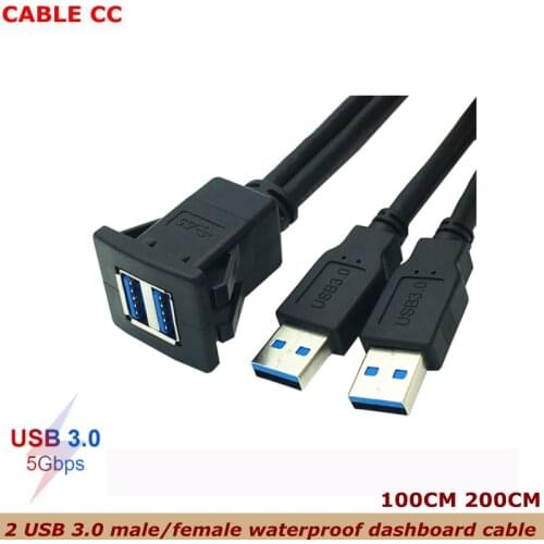 2 USB 3.0 male/female waterproof dashboard cable, suitable for panel installation of construction cars, motorcycles and ships