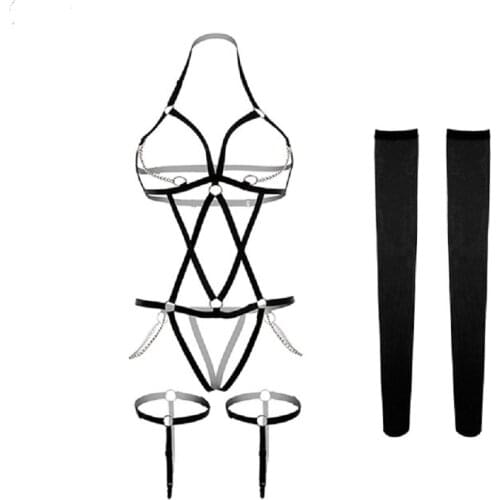 3pcs/Set High-Elastic Rope Garments Jumpsuit Garters Silk Stockings Sexy Rope Bodysuits Crotchless Exposed Breast Erotic Onesie
