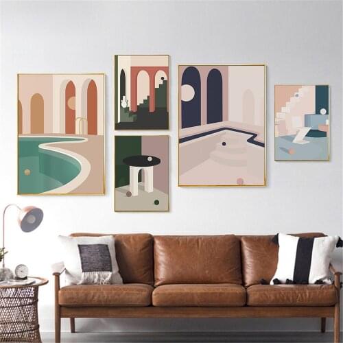 Abstract Door Stairway Pool Canvas Print Tables Chairs Geometry Wall Art Painting Minimalist Nordic Poster Pictures Home Decor