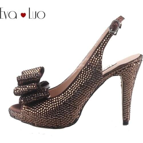 CHS783 Custom Handmade Coffee Brown Crystal Bow Slingbacks Dress Pumps Women Shoes Bridal wedding Shoes