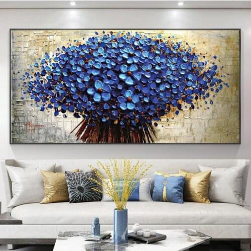 Dark Blue Flower Tree Oil Painting on Canvas Posters and Prints Abstract Flower Wall Art Picture for Living Room Modern Decor