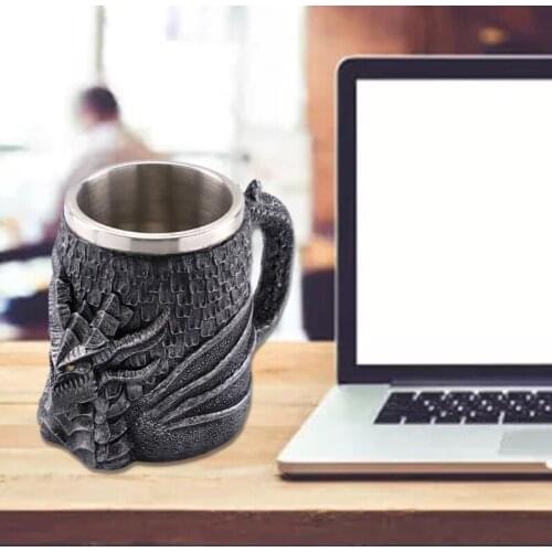 T84E 3D Retro Dragon Mug Beer Drink Cup 450ml Stainless Steel Double Layer Coffee Cups Novelty Gothic Gift
