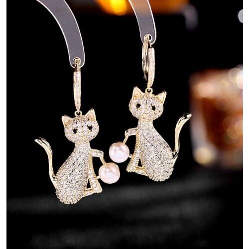 Cat Orange Red Micro-Inlaid Gem Cute Moving Earrings New European And American Fashion Elegant Sweet Banquet Ear Jewelry Female