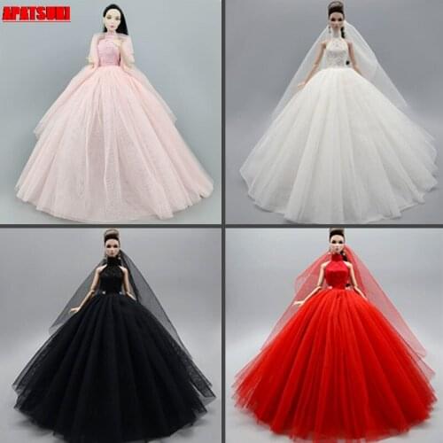 4pcs/lot Fashion Wedding Dress For Barbie Doll Outfits Princess Evening Party Gown Turtleneck Long Dresses Doll Clothes & Veil