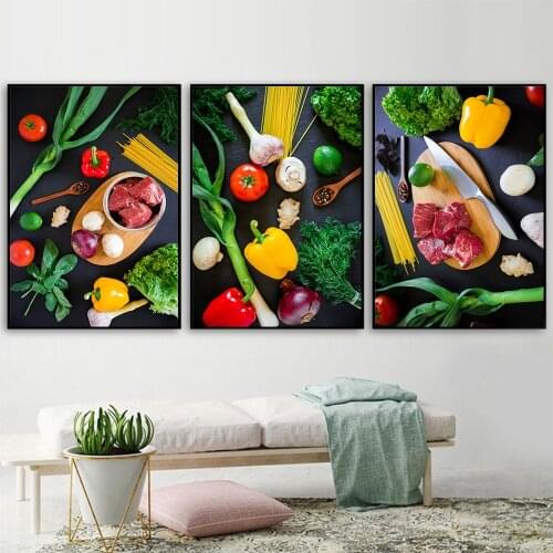 Kitchen Themed Wall Art Decor Vegetables Chili Garlic Beef In Table Canvas Paintings Food Cooking Ingredients Canvas Print Decor
