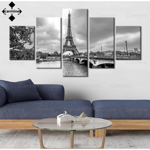 Eiffel Tower Wall Art Poster Paris Landscape Canvas Picture 5 Pieces Painting Modern Black White Prints for Home Decor Frameless