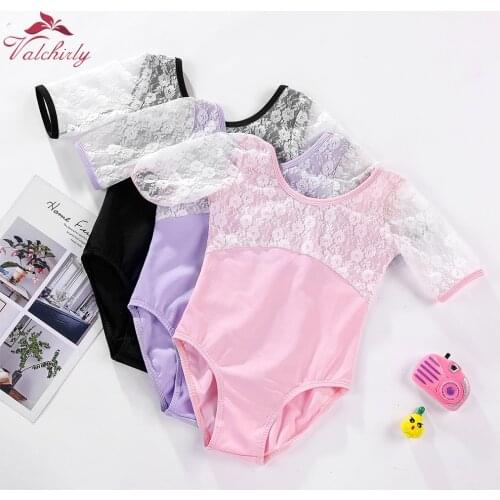 New Girls Lace Ballet Leotard Middle Sleeves Dance Costume Gymnastics Swimsuit for Kids