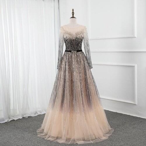 YQLNNE Gradient Tulle Long Sleeve Evening Dresses 2020 Aline Beading Dubai Evening Gown Formal Party Dress Elegant