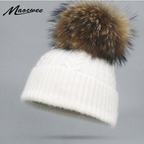 Female Winter Rabbit Fur Hat Nature Fur Pom Pom Beanie Cap Hat Real Fox Fur Pompon Knitting Warm Soft Hairy Twisted Pattern Bone