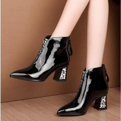 2021 Spring Women Boots Ankle Leopard High Heels Shoes Autumn Patent Leather Ladies Female Non Slip Footwear Pumps Woman