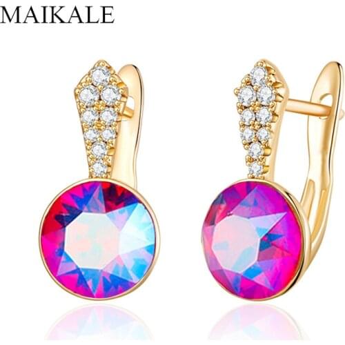 MAIKALE Luxury Colorful Austrian Crystal Stud Earrings for Women Round Gold Zirconia CZ Ear Studs Fine Jewelry Party Girls Gifts