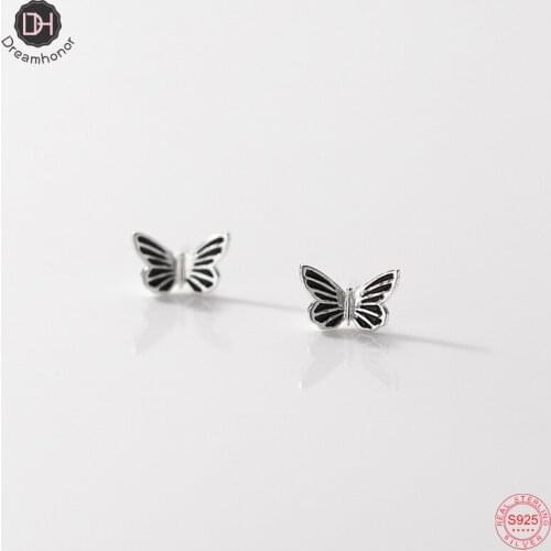 Dreamhonor Vintage Black Butterfly Animal Cute Stud Earrings For Best Friends 925 Sterling Silver Fine Jewelry