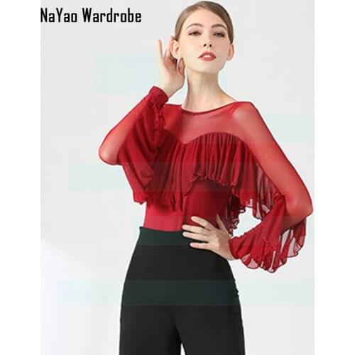 2021 New 2109 Lotus Bust Patchwork Design Female Latin Dance Bodysuit Women Performance Modern Dancing Tops Latino Dancewear