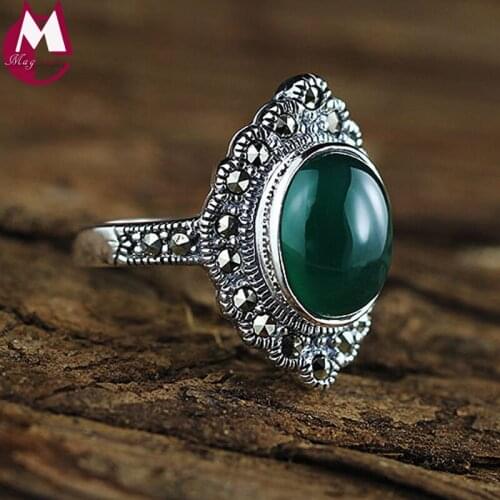 Top Quality Green Agate 925 Sterling Silver Retro Personality Geometry Wedding Finger Ring Brand Jewelry for Women Size 6 7 8 9