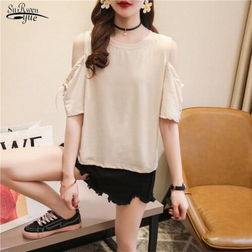 Blusas Women Tops Blouses Short Sleeve Cotton Shirt Casual O-neck Solid Sexy Blouse Fashion Off-Shoulder Strap Clothing 9907