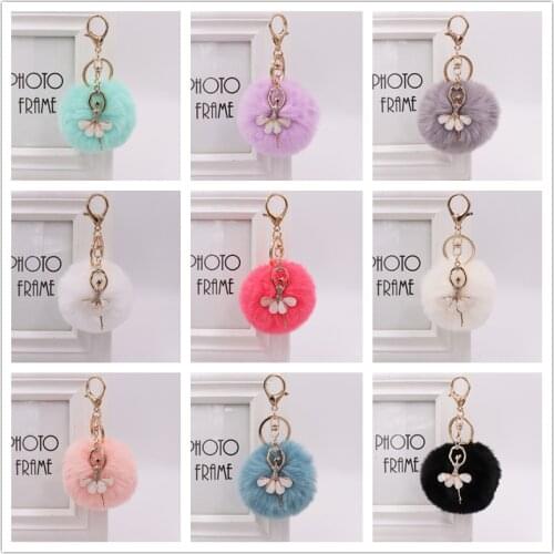 Creative cute rhinestone little angel car keychain imitation rex rabbit fur ball key chain ladies plush bag jewelry gift pendant