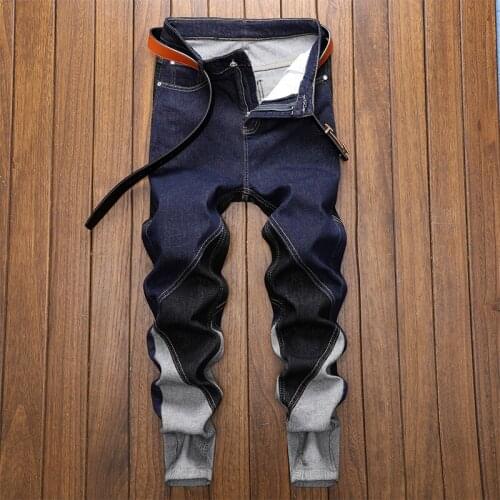 Spring Autumn BLUE Mens Jeans Street HIP HOP Punk Stretch Bike Two-color Stitching Trendy Straight Male Denim Trouers