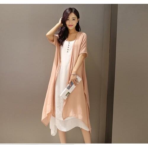 Two pcs dress and outwear sets o-neck design casual summer Linen dress Solid Color Pleated Fashion linen dress for womens/girl