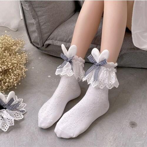 Japanese Lolita Embroidery Lace Short Crew Socks Kawaii Rabbit Bunny Ears Plaid Bowknot Ruffled Harajuku Anklet Hosiery
