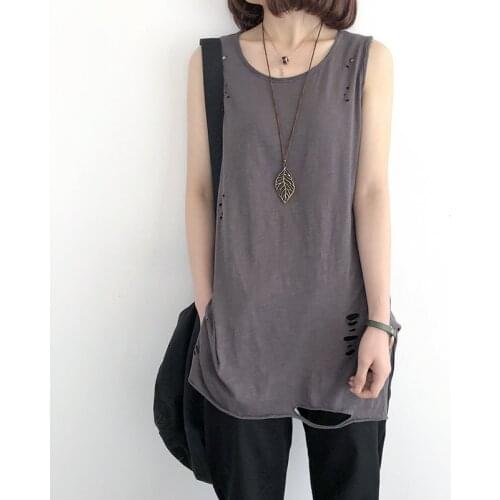 Women Loose Summer Holes Ripped Tanks Ladies Casual Tops Female Sleeveless Shirt Tops Tanktops Solid Color