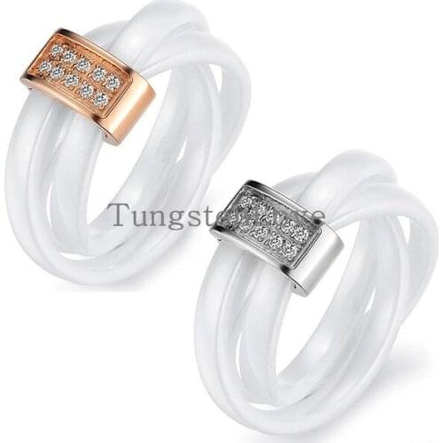 Fashion White Ceramic Rope with Gold Silver Color Tone Metal & Cubic Zirconia Tricyclic Engagement Rings For Women Wedding Band