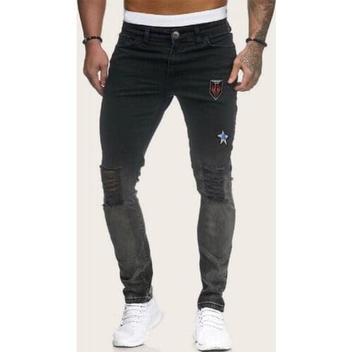 Mens Stretch Skinny Jeans 2020 New Fashion Slim Fit Hole Denim Trousers Dark Grey Ripped Biker Pants Male Brand