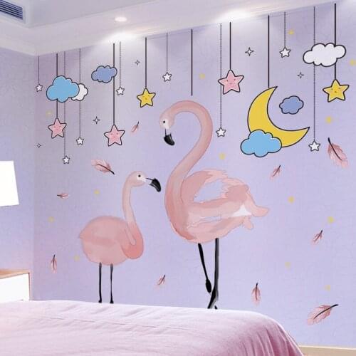 [shijuekongjian] Flamingo Animal Wall Stickers DIY Stars Clouds Mural Decals for Kids Rooms Baby Bedroom Nursery Home Decoration