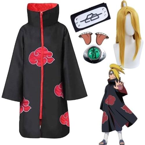 Anime Japanese Ninja Akatsuki Didara Red Cloud Cosplay Costume Wig Ring Suit Accessories Halloween Gift Uchiha Long Sleeve Cloak