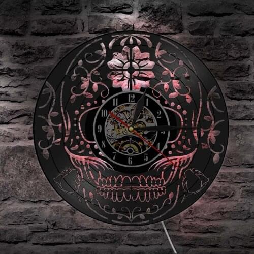 The Day of the Dead Vinyl Record Wall Clock Modern Design Skull Día de los Muertos Home Decor Silent Clock Lighting Wall Lamp
