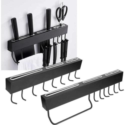 Wall Mounted Knife Holder Multifunction Towel Hook Storage Shelf Kitchen Supplies Black