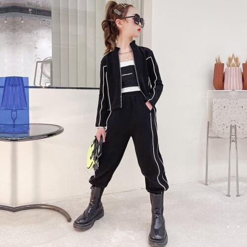New 2021 Childrens Clothes Girls Jackets Splicing Reflective Strips Long Sleeve Coats Sweat pants Hip-hop Kids Outfits Black