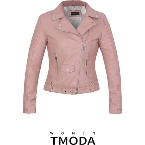 TMODA269 2021 New Autumn Witner Women Motorcycle Faux PU Leather Pink Jackets Lady Biker Outerwear Coat With Velvet inside