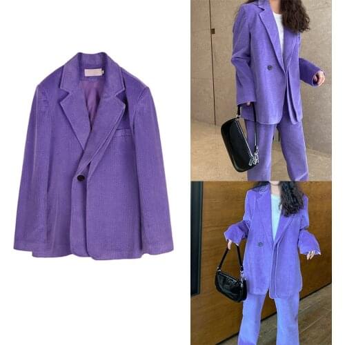 New Designed Young Girl Suits 2 Pieces Fashion Purple One Button Blazer Wide Legs Pants Loose Casual Daily Jacket