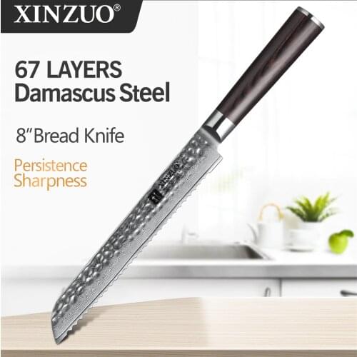 XINZUO 8" inch Bread Knife 67 layers Damascus Stainless Steel Stria Hammer Kitchen Knife Pakka Wood Handle VG10 Cake Knife