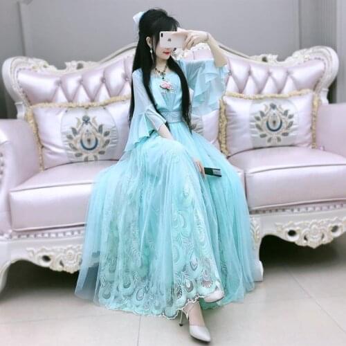 Original innovative national style dress New womens green heavy industry embroidered temperament Hanfu dress in spring